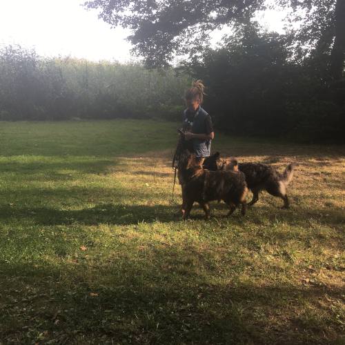 Alex Bikowski beim vertrauensvollen Spiel mit Hund der auf dem Rücken auf ihrem Schoß liegt.